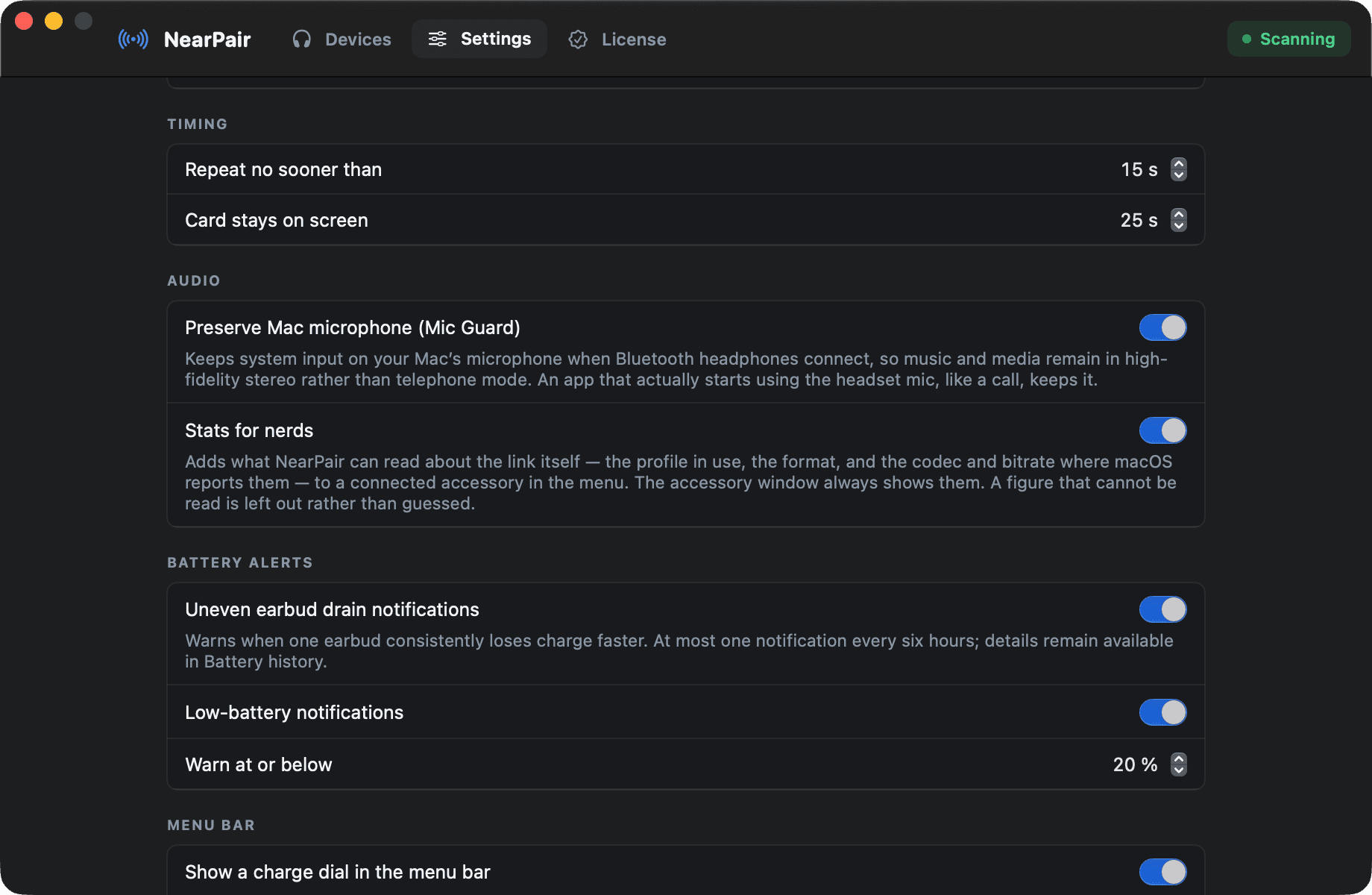 NearPair settings with Mic Guard switched on in the Audio section