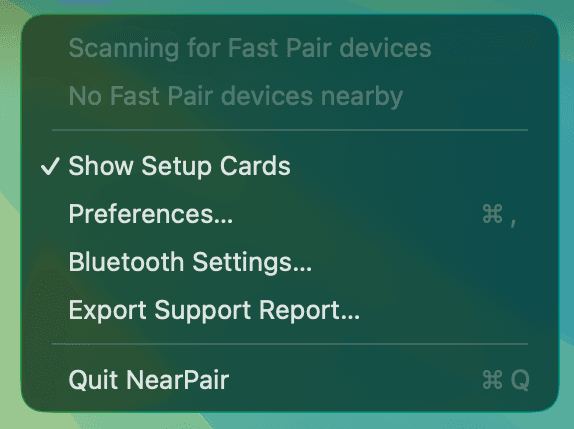 Actual NearPair menu showing scanning status, setup card control, Preferences, Bluetooth Settings, support export, and Quit